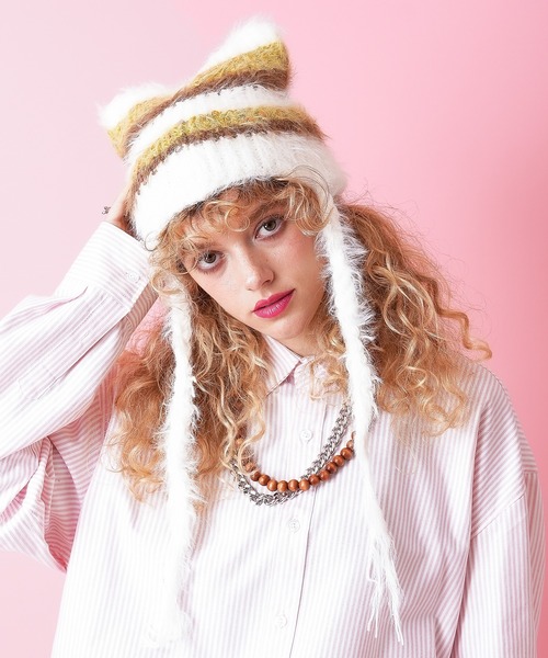 セール】an meets zakka ネコ耳ラインボーダーファーコードニット帽