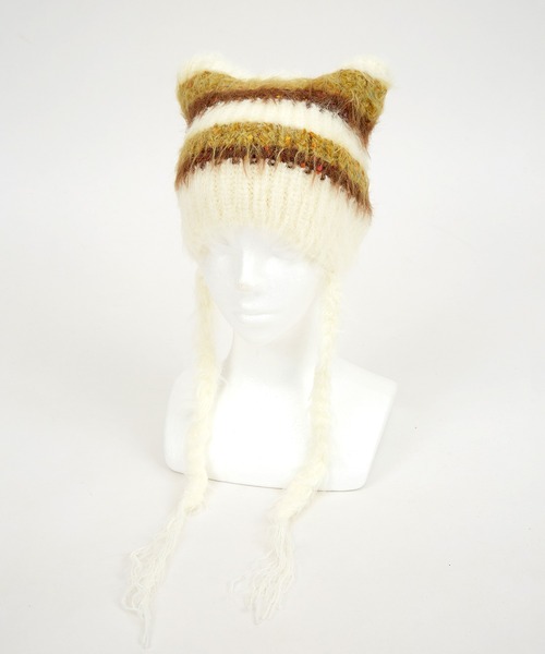 an meets zakka（アンミツザッカ）の「an meets zakka ネコ耳ラインボーダーファーコードニット帽（ニットキャップ/ビーニー・メンズ・ブルー/ホワイト/ブラック/ベージュ・ONESIZE）」の7枚目の写真
