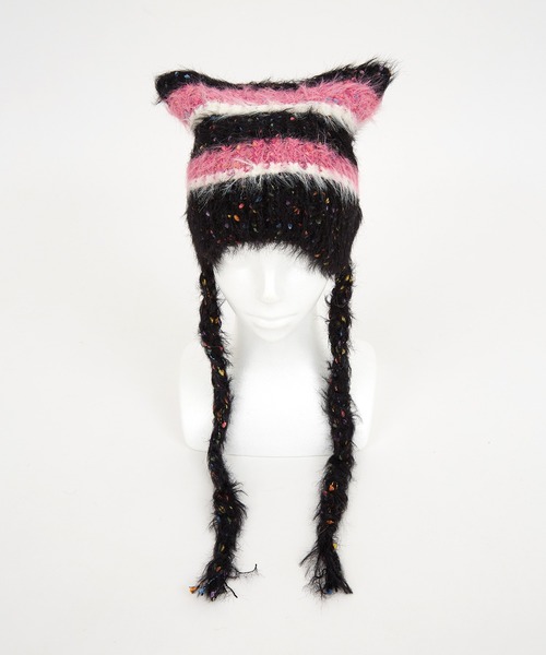 an meets zakka ネコ耳ラインボーダーファーコードニット帽