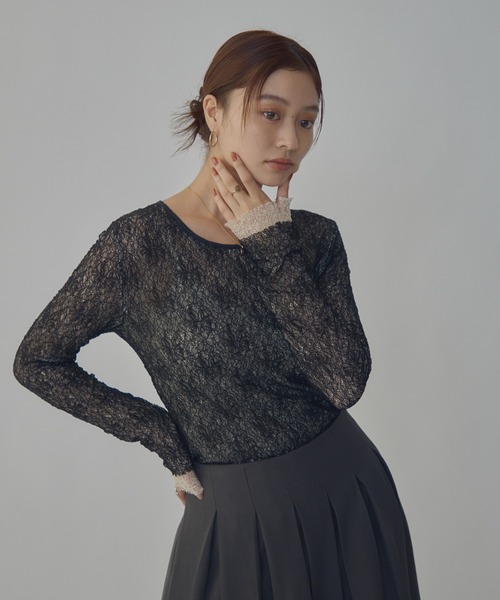 bita.(ビタ)の「ダブルレースシアートップス(Tシャツ/カットソー・レディース・ブラック/ボルドー・FREE)」の5枚目の写真