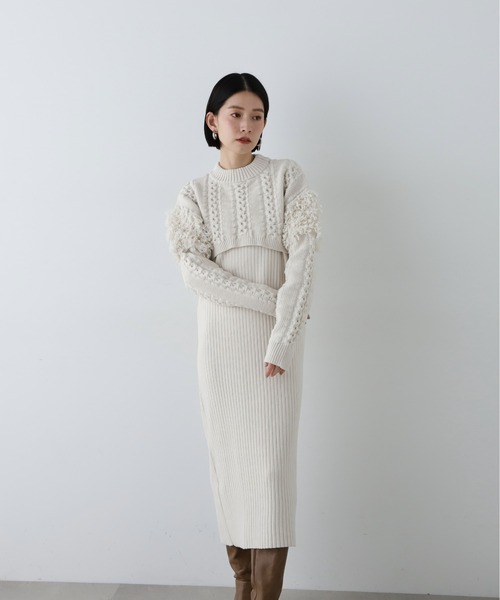 N.（N. Natural Beauty Basic）（エヌエヌナチュラルビューティーベーシック）の「◆クロップドニットセットワンピース（ワンピース・レディース・オフホワイト/チャコールグレー・MEDIUM）」の3枚目の写真