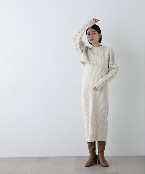 N.（N. Natural Beauty Basic）（エヌエヌナチュラルビューティーベーシック）の「◆クロップドニットセットワンピース（ワンピース・レディース・オフホワイト/チャコールグレー・MEDIUM）」の4枚目の写真