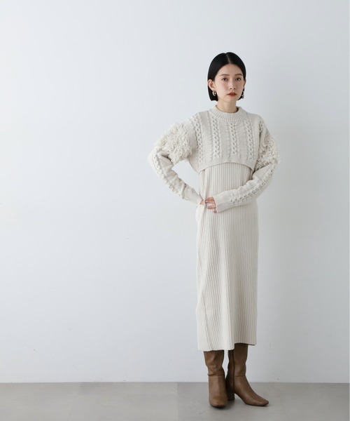 N.（N. Natural Beauty Basic）（エヌエヌナチュラルビューティーベーシック）の「◆クロップドニットセットワンピース（ワンピース・レディース・オフホワイト/チャコールグレー・MEDIUM）」の5枚目の写真