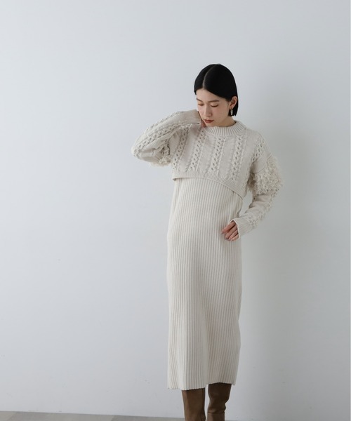 N.（N. Natural Beauty Basic）（エヌエヌナチュラルビューティーベーシック）の「◆クロップドニットセットワンピース（ワンピース・レディース・オフホワイト/チャコールグレー・MEDIUM）」の7枚目の写真