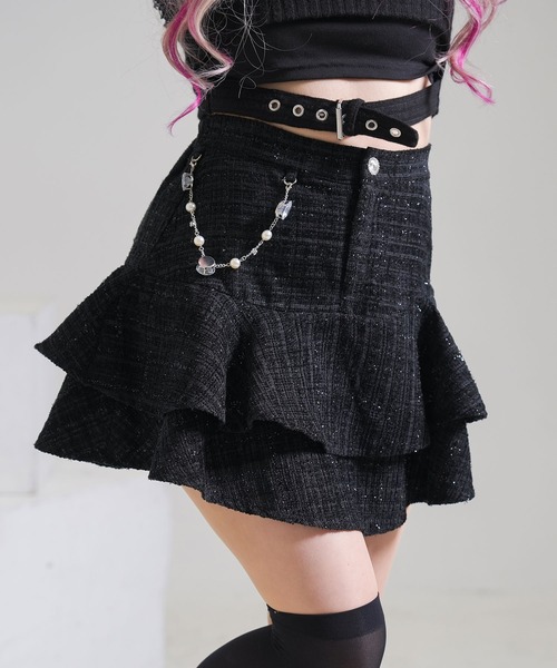 ビジューチェーン付ツイードティアードスカート（スカート）｜Diable  
