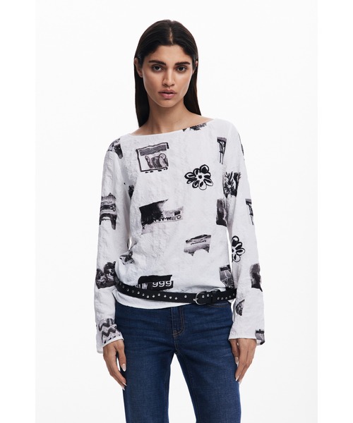Desigual(デシグアル)の「リボンテクスチャ コラージュプリントボートネックブラウス(シャツ/ブラウス・レディース・ホワイト・S/M/L/XL/XS)」の3枚目の写真