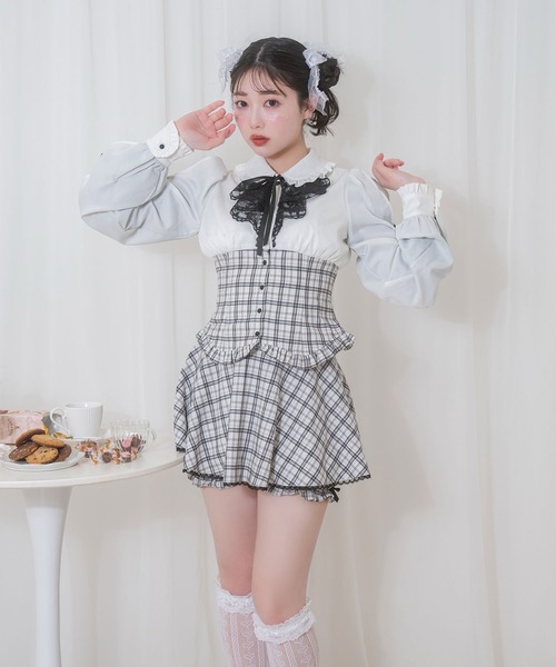 Honey Cinnamon（ハニーシナモン）の「ラッフルレース配色チェックセットアップ（セットアップ・レディース・ブラック/ホワイト・FREE）」の2枚目の写真