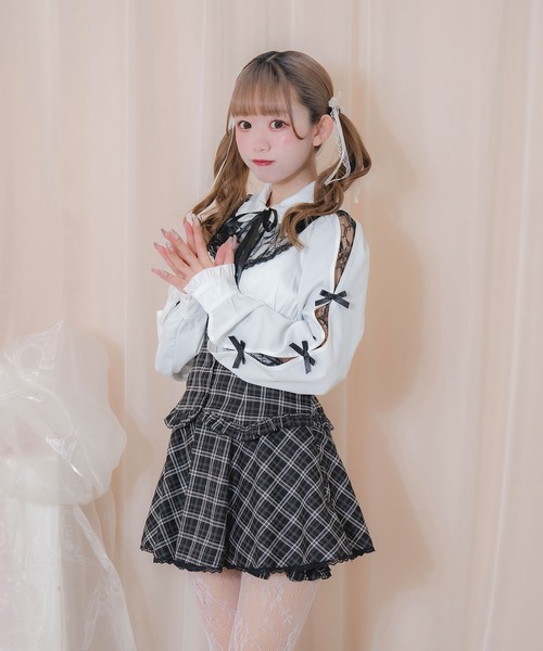 Honey Cinnamon（ハニーシナモン）の「ラッフルレース配色チェックセットアップ（セットアップ・レディース・ブラック/ホワイト・FREE）」の3枚目の写真