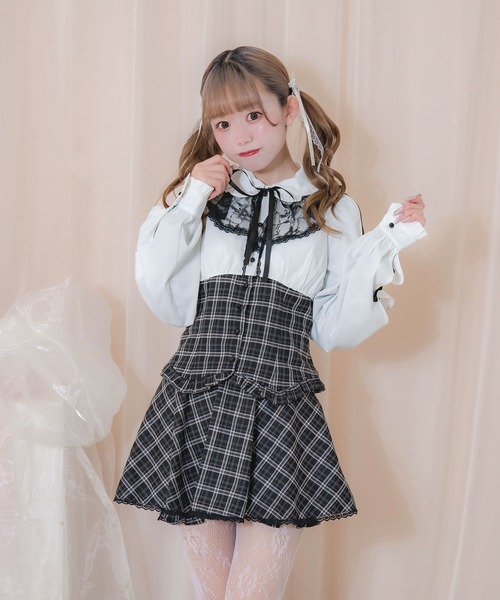 Honey Cinnamon（ハニーシナモン）の「ラッフルレース配色チェックセットアップ（セットアップ・レディース・ブラック/ホワイト・FREE）」の4枚目の写真