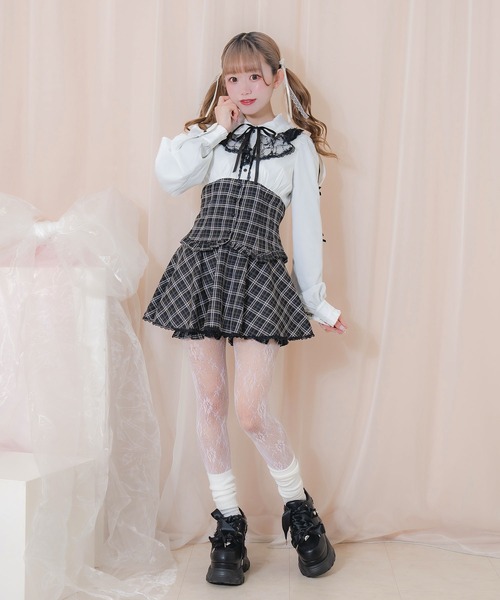Honey Cinnamon（ハニーシナモン）の「ラッフルレース配色チェックセットアップ（セットアップ・レディース・ブラック/ホワイト・FREE）」の6枚目の写真