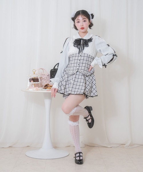 Honey Cinnamon（ハニーシナモン）の「ラッフルレース配色チェックセットアップ（セットアップ・レディース・ブラック/ホワイト・FREE）」の12枚目の写真