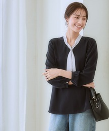 7days Life Styling | ストレッチパウダーサテン配色ボウタイブラウス（しわになりにくい・速乾・洗濯機OK・UVカット）<大きいサイズ有>(シャツ/ブラウス)