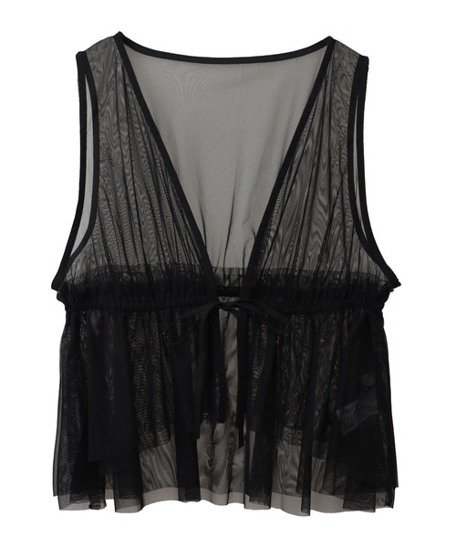 earth music&ecology(アースミュージックアンドエコロジー)の「チュールドロストギャザーベスト(ベスト・レディース・ブラック/アイボリー/ライトグレー・FREE)」の3枚目の写真