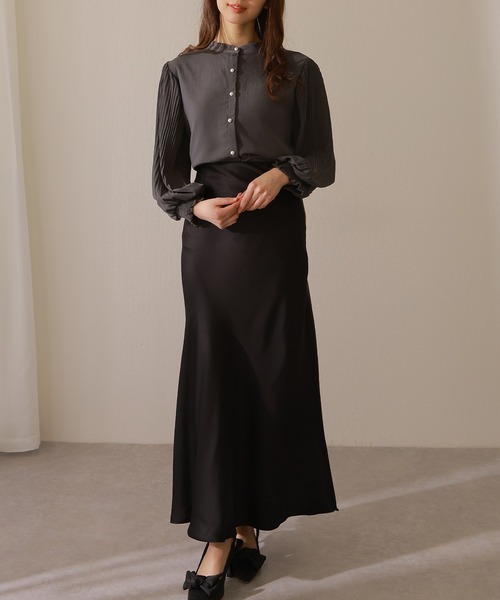 Lace Ladies(レースレディース)の「バンドカラー パールボタン プリーツ袖 シアー ブラウス(シャツ/ブラウス・レディース・アイボリー/ベージュ/ブラック/チャコールグレー・FREE/S)」の5枚目の写真