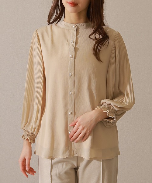 Lace Ladies(レースレディース)の「バンドカラー パールボタン プリーツ袖 シアー ブラウス(シャツ/ブラウス・レディース・アイボリー/ベージュ/ブラック/チャコールグレー・FREE/S)」の10枚目の写真