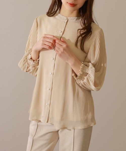 Lace Ladies(レースレディース)の「バンドカラー パールボタン プリーツ袖 シアー ブラウス(シャツ/ブラウス・レディース・アイボリー/ベージュ/ブラック/チャコールグレー・FREE/S)」の12枚目の写真