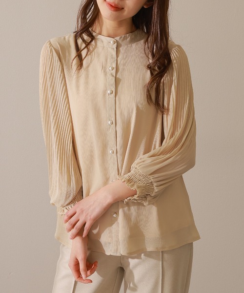 Lace Ladies(レースレディース)の「バンドカラー パールボタン プリーツ袖 シアー ブラウス(シャツ/ブラウス・レディース・アイボリー/ベージュ/ブラック/チャコールグレー・FREE/S)」の13枚目の写真