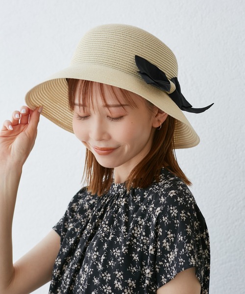 ROPE' PICNIC(ロペピクニック)の「【UVカット・ウォッシャブル】折り畳みリボンハット(ハット・レディース・ベージュ系その他/ベージュ/ブラック・FREE)」の2枚目の写真