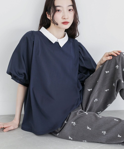 somari imagination(ソマリ イマジネーション)の「『異素材ドッキングパフスリーブカットソー』(Tシャツ/カットソー・レディース・ネイビー/ライトグレー・2/1)」の5枚目の写真