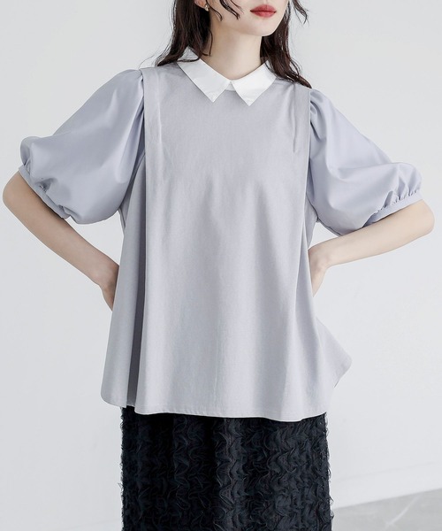 somari imagination(ソマリ イマジネーション)の「『異素材ドッキングパフスリーブカットソー』(Tシャツ/カットソー・レディース・ネイビー/ライトグレー・2/1)」の11枚目の写真