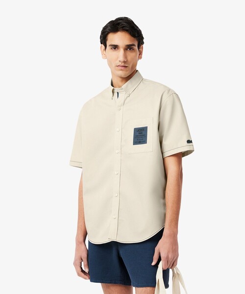 LACOSTE（ラコステ）の「配色ステッチ シルクブレンド ネームパッチボタンダウン 半袖シャツ（シャツ/ブラウス・メンズ・グレイッシュブルー/ブラウン/ダークブルー・38/39/40/41）」の4枚目の写真