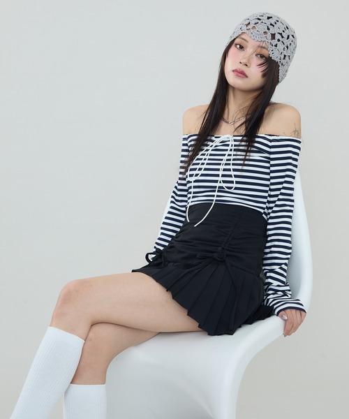 セール】フロントリボン ボーダーオフショルトップス（Tシャツ