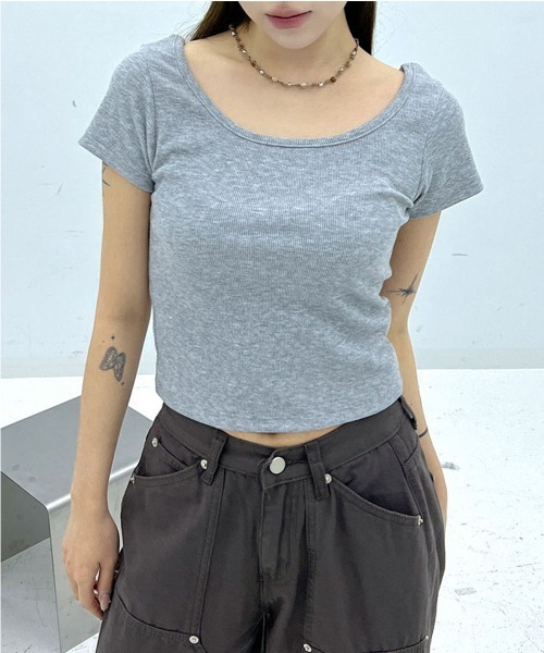 追跡便【 】スリム クロップド リブ 半袖Tシャツ ベーシック スリムフィット Uネック リブ クロップド 半袖 T