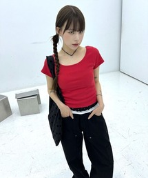 4INT.（フォイント）の「ベーシック スリムフィット Uネック リブ クロップド 半袖 Tシャツ（Tシャツ/カットソー）」