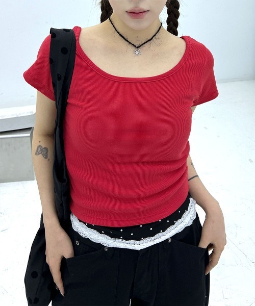 追跡便【 】スリム クロップド リブ 半袖Tシャツ ベーシック スリムフィット Uネック リブ クロップド 半袖 T