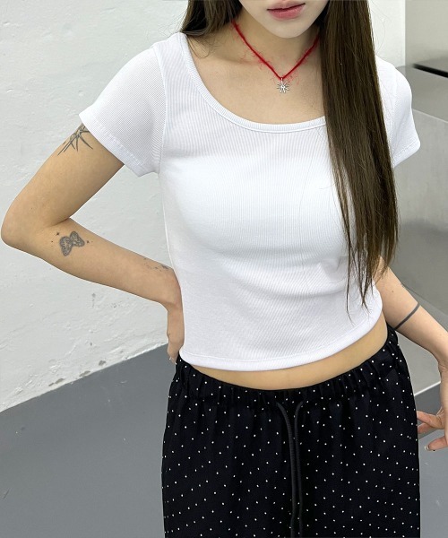 追跡便【 】スリム クロップド リブ 半袖Tシャツ ベーシック スリムフィット Uネック リブ クロップド 半袖 T