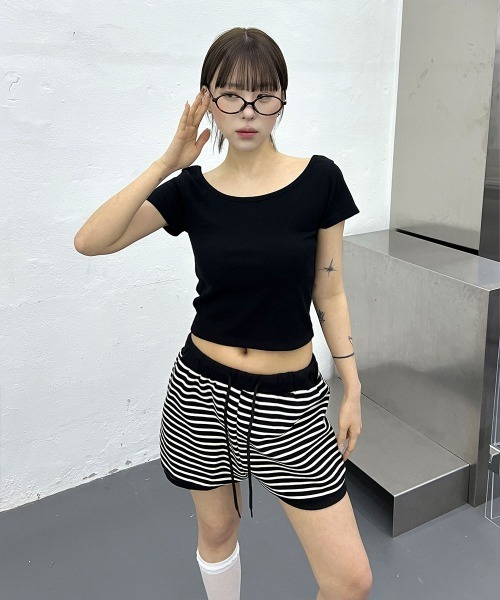 追跡便【 】スリム クロップド リブ 半袖Tシャツ ベーシック スリムフィット Uネック リブ クロップド 半袖 T