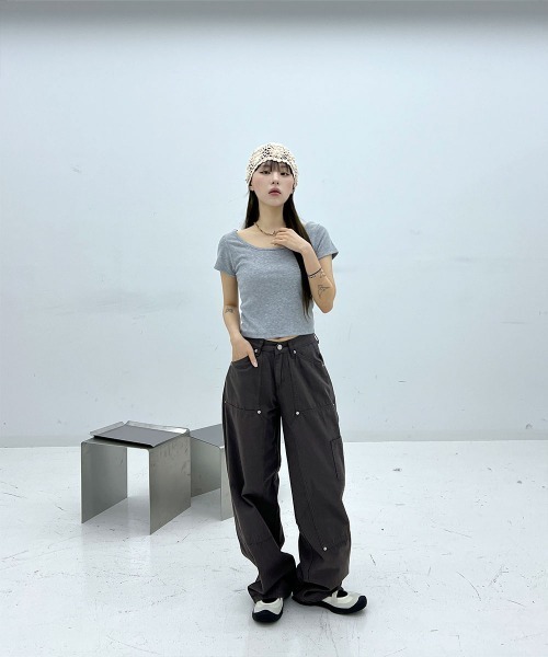 追跡便【 】スリム クロップド リブ 半袖Tシャツ ベーシック スリムフィット Uネック リブ クロップド 半袖 T