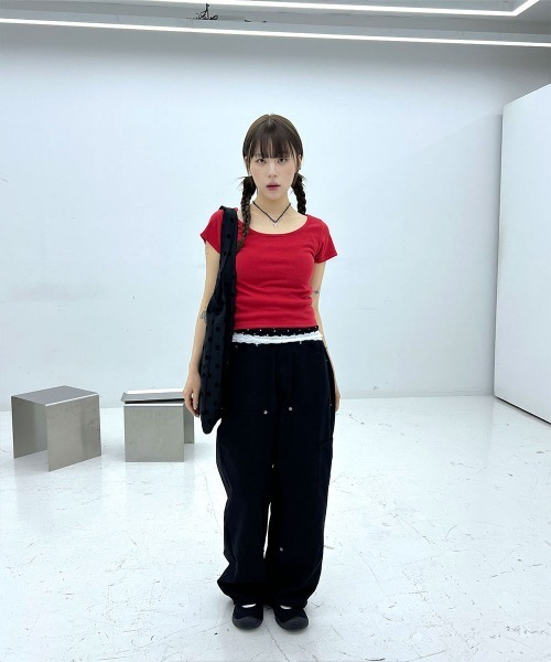 追跡便【 】スリム クロップド リブ 半袖Tシャツ ベーシック スリムフィット Uネック リブ クロップド 半袖 T