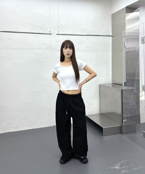 追跡便【 】スリム クロップド リブ 半袖Tシャツ ベーシック スリムフィット Uネック リブ クロップド 半袖 T