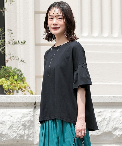 n'OrLABEL(ノアールレーベル)の「【接触冷感】袖フレアカットソー(Tシャツ/カットソー・レディース・ブラック/コーラル/オフホワイト・FREE)」の7枚目の写真