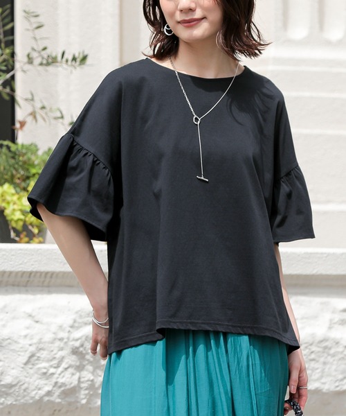 n'OrLABEL(ノアールレーベル)の「【接触冷感】袖フレアカットソー(Tシャツ/カットソー・レディース・ブラック/コーラル/オフホワイト・FREE)」の5枚目の写真