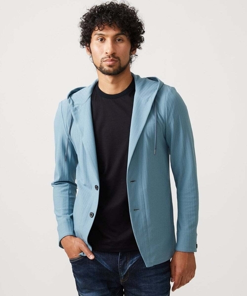 MICHEL KLEIN HOMME (ミッシェルクランオム)の「サッカー柄フードジャケット(テーラードジャケット・メンズ・ライトグレー/ライトブルー/ネイビー・MEDIUM/LARGE/X-LARGE)」の2枚目の写真