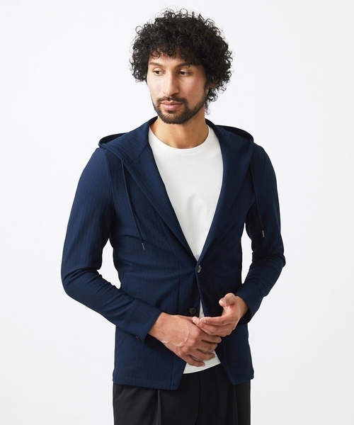 MICHEL KLEIN HOMME (ミッシェルクランオム)の「サッカー柄フードジャケット(テーラードジャケット・メンズ・ライトグレー/ライトブルー/ネイビー・MEDIUM/LARGE/X-LARGE)」の5枚目の写真