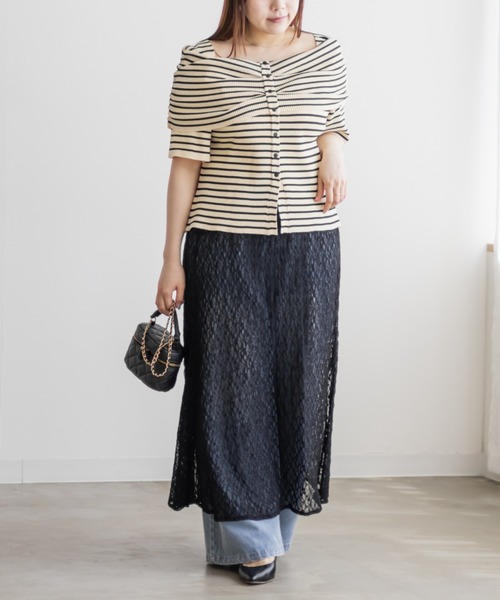 sheller ポイントボタンオフショルダーニット MIX BOEDER OFFSHOULDER KNIT PO/ボーダーオフショルダーニットプル