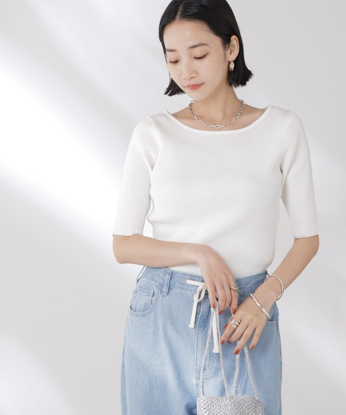 NANO universe（ナノユニバース）の「ボートネックリブニットトップス（ニット/セーター・レディース・ホワイト/ブラック/グレー・FREE）」の19枚目の写真