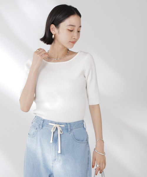 NANO universe（ナノユニバース）の「ボートネックリブニットトップス（ニット/セーター・レディース・ホワイト/ブラック/グレー・FREE）」の20枚目の写真