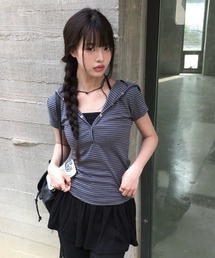 [MADE] フードボタンボーダー半袖Tシャツ