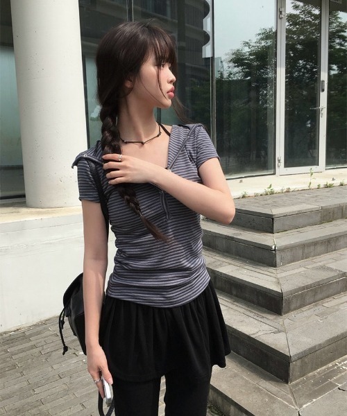 anyonemore（エニワンモア）の「[MADE] フードボタンボーダー半袖Tシャツ（Tシャツ/カットソー・レディース・ブラック/チャコール・FREE）」の19枚目の写真
