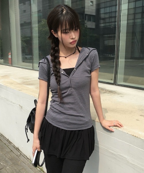 anyonemore（エニワンモア）の「[MADE] フードボタンボーダー半袖Tシャツ（Tシャツ/カットソー・レディース・ブラック/チャコール・FREE）」の20枚目の写真