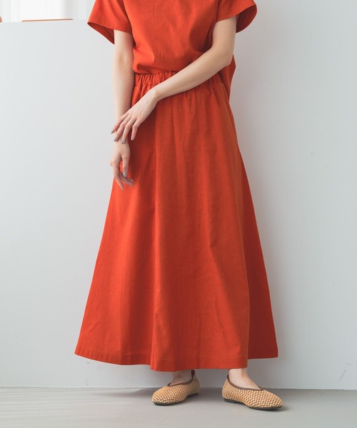 セール】ストレッチリネンフレアロングスカート[プチ・プラスサイズ