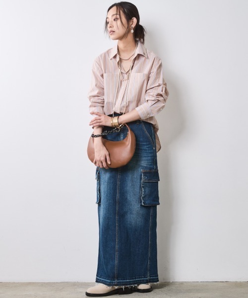 CHIC STYLE（シックスタイル）の「綿100％ストライプシャツ＜大きいサイズ有＞シックスタイル（シャツ/ブラウス・レディース・ベージュ系/ブルー系・5L/4L/3L/LL/L/M）」の22枚目の写真