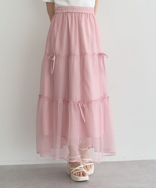 earth music&ecology（アースミュージックアンドエコロジー）の「リボンチュールティアードスカート（スカート・レディース・アイボリー/ブラック/ピンク・FREE）」の3枚目の写真