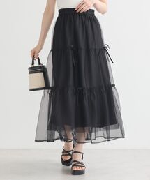 Fit more 黒 ティアードロングスカート クリンクルシアーオーガンジーティアードスカート【宅配便
