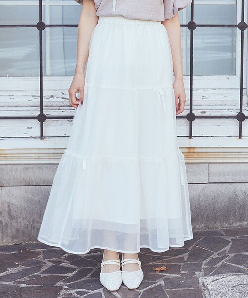 earth music&ecology（アースミュージックアンドエコロジー）の「リボンチュールティアードスカート（スカート・レディース・アイボリー/ブラック/ピンク・FREE）」の13枚目の写真