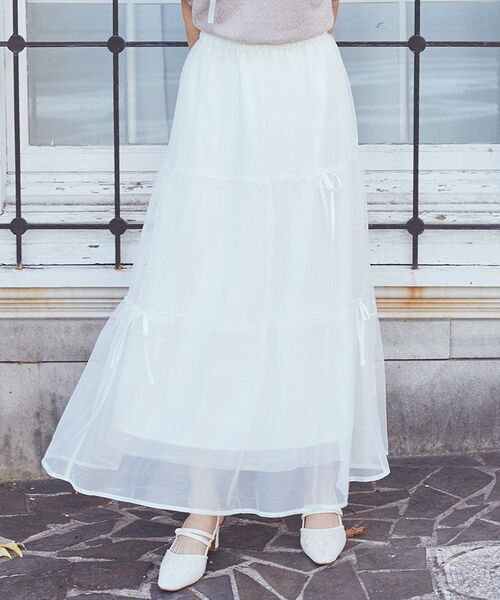 earth music&ecology（アースミュージックアンドエコロジー）の「リボンチュールティアードスカート（スカート・レディース・アイボリー/ブラック/ピンク・FREE）」の10枚目の写真